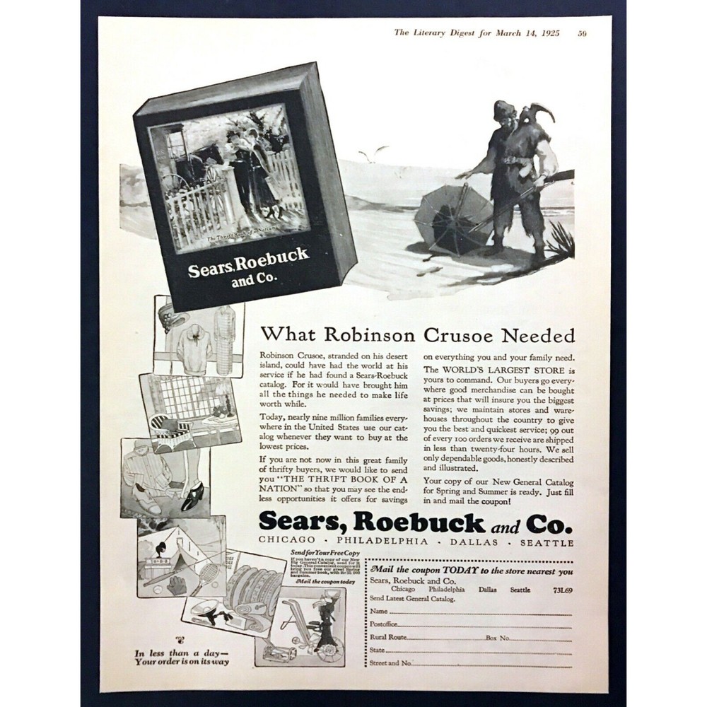 1925 Sears Roebuck Catalog photo "What Robinson Caruso Needed" vintage print ad
